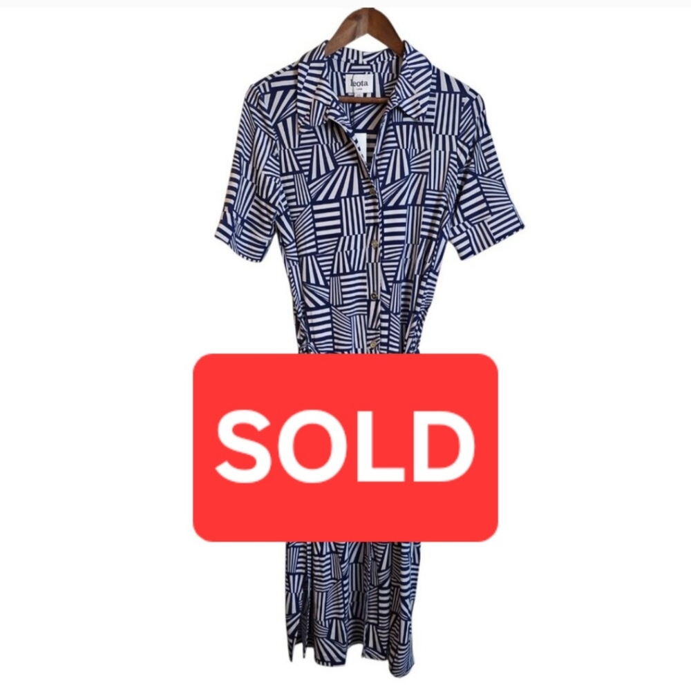 SOLD Leota Dress Womens Large Blue White Starboard Stripe Belted Shirt Midi